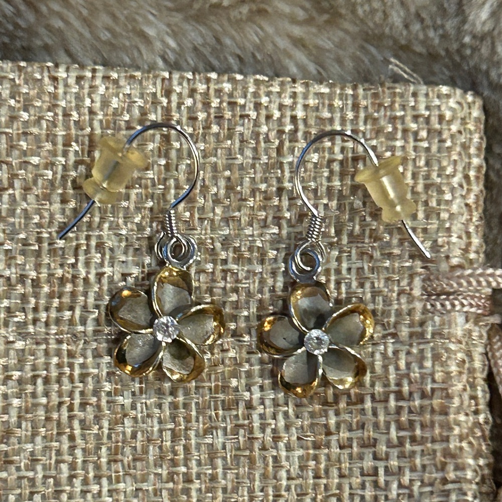 Gold and white Flower French hook dangle dainty lightweight Earrings